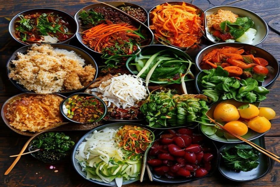 Traditional Balinese food spread on banana leaf